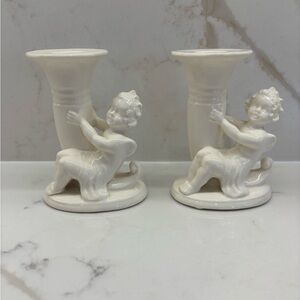 Pair of Vintage Cream Cherub Pedestal Candle Holders Czechoslovakia